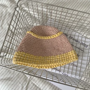 INS Ракита сламена шапка ръчна изработка, дамски контрастная рибарска шапка лятна дамски секция, малка прясна шапка за басейна и на плажа за почивка, Gorros