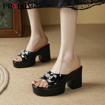 PRXDONG/дамски обувки на новата марка от естествена кожа на платформа с висок масивна ток, черно, бежово, с украса във вид на кристали, вечерни дамски чехли, размер 40