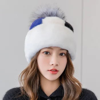 Зимна луксозна кожа шапка с топъл, дамски благородна норковая шапка с лисьим кожа топче, декоративна модни капачка за защита на ушите от студ