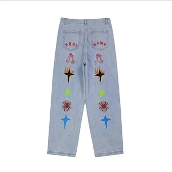 Мешковатая градинска дрехи, мъжки нови дънки с принтом в стил хип-хоп, американски ретро, със средна талия, прав дънкови панталони с ефект подценяване, панталони