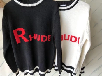 Нов жаккардовый пуловер с надпис Rhude за мъже и жени, ежедневни блузи оверсайз