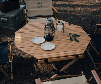 Открит преносим дървена осмоъгълни маса за яйчен крем, сгъваема маса за барбекю за пикник, къмпинг, с чанта за носене