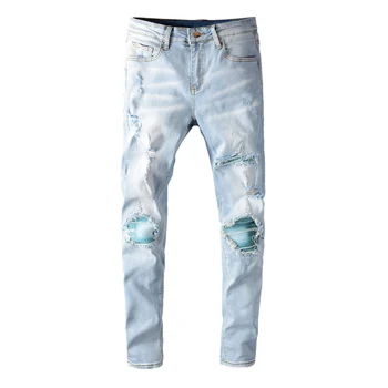 Уличната мода, Мъжки дънки, Ластични ретро светло синьо тънки скъсани дънки Мъжки панталони в стил пънк с ивици Дизайнерска марка хип-хоп Панталони Hombre